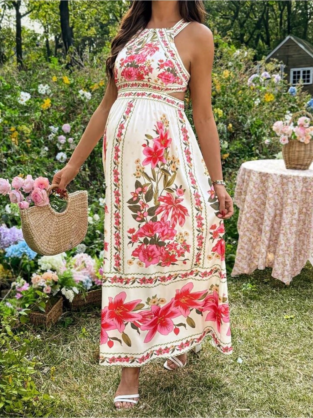 Floral Halter Maternity Maxi Dress in Cream and Pink